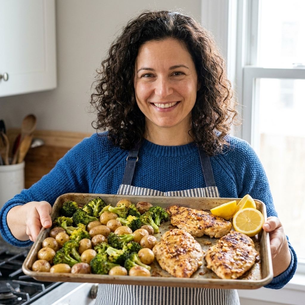 A rimmed baking sheet with lemon garlic roasted chicken cutlets surrounded by broccoli florets and browned baby potatoes, fresh lemon halves on the side