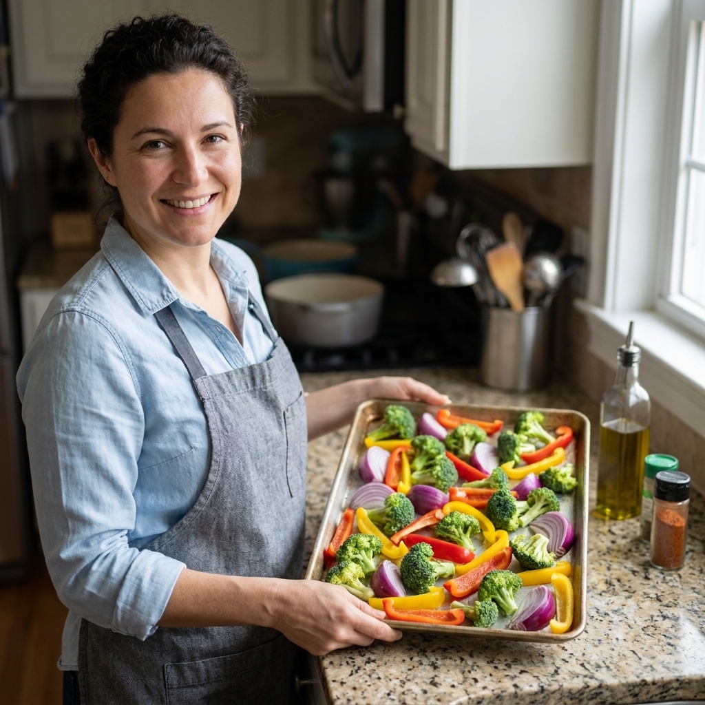 A rimmed sheet pan on a counter with evenly spaced chopped broccoli, red onion wedges, and bell pepper strips ready for roasting