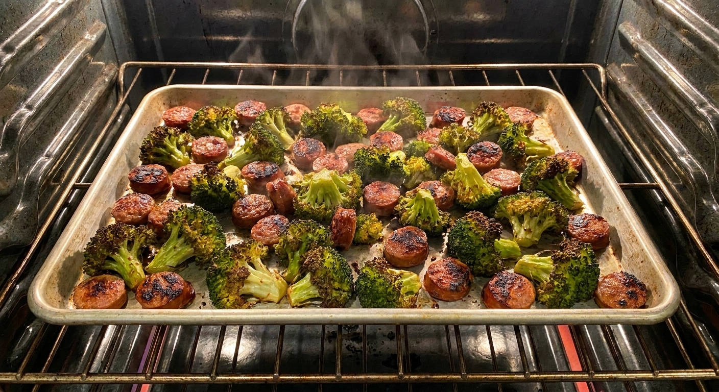 A rimmed sheet pan with broccoli florets and sausage pieces roasting with browned edges in a hot oven, photographed from above