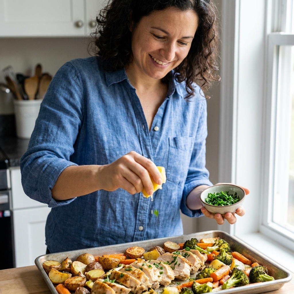 A roasted sheet pan dinner being finished with fresh lemon wedges and chopped herbs scattered over browned vegetables and sliced protein