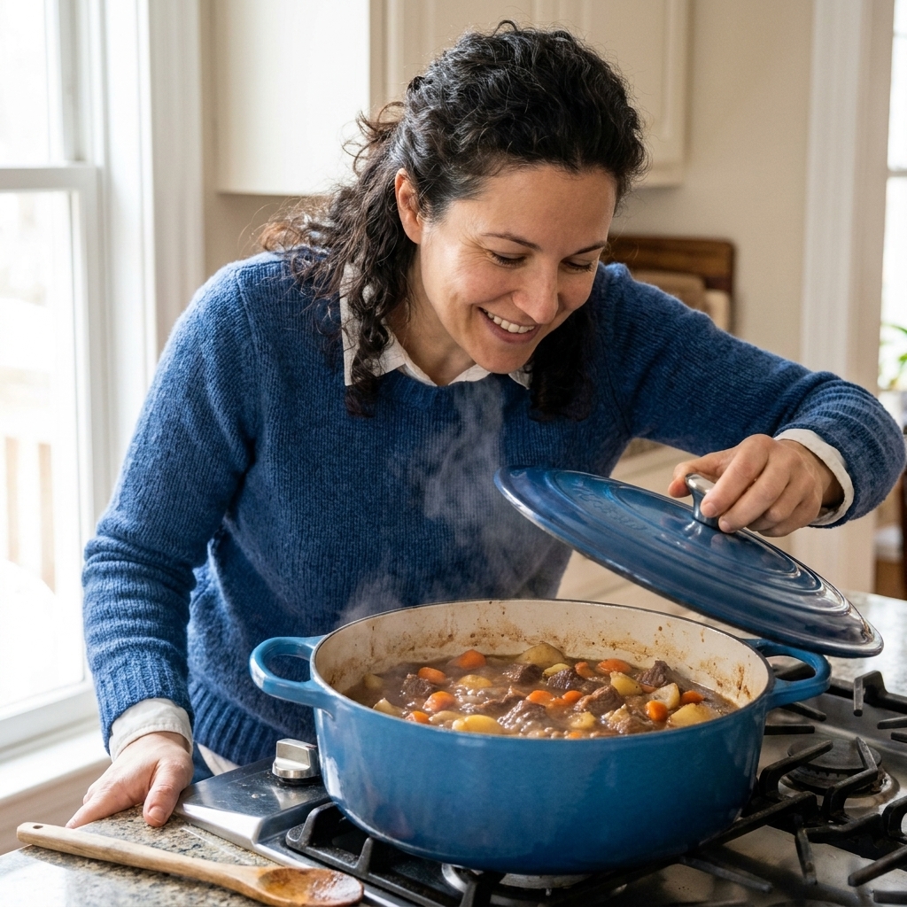 A round enameled Dutch oven on a stovetop with a lid slightly ajar, simmering beef stew visible with carrots and potatoes