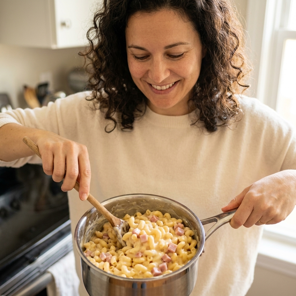 A saucepan filled with creamy mac and cheese with small diced ham pieces stirred in