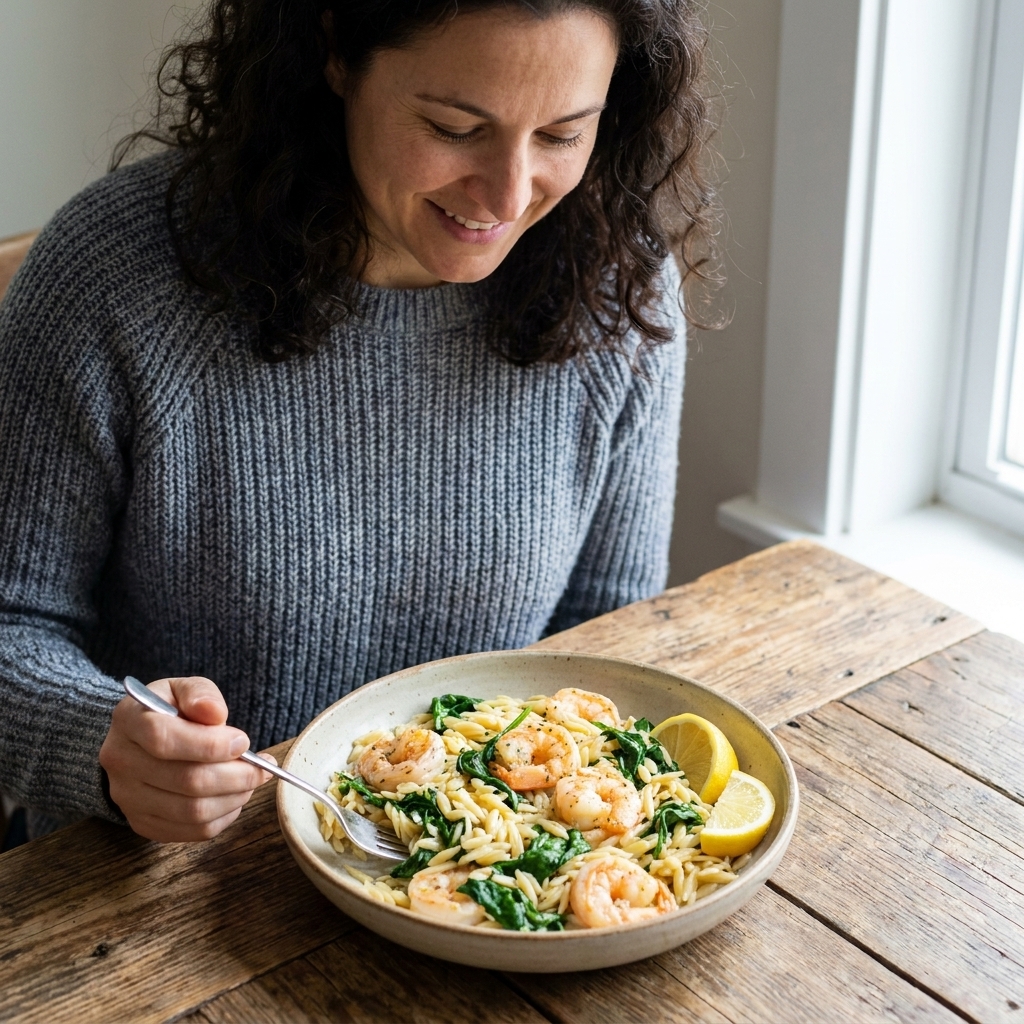 A shallow bowl of lemon garlic shrimp orzo with wilted spinach and lemon wedges on a wooden table