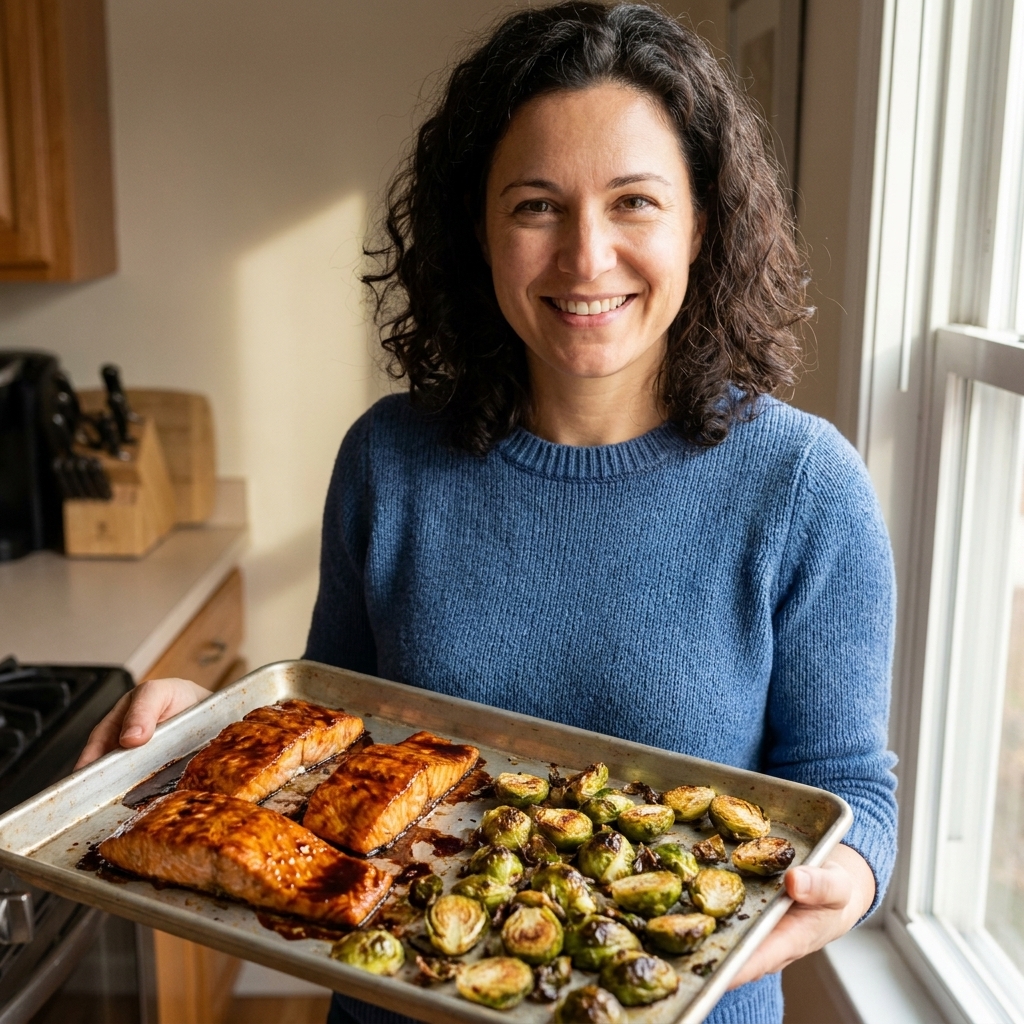 A sheet pan dinner with glazed salmon fillets and roasted Brussels sprouts, browned and crisp at the edges