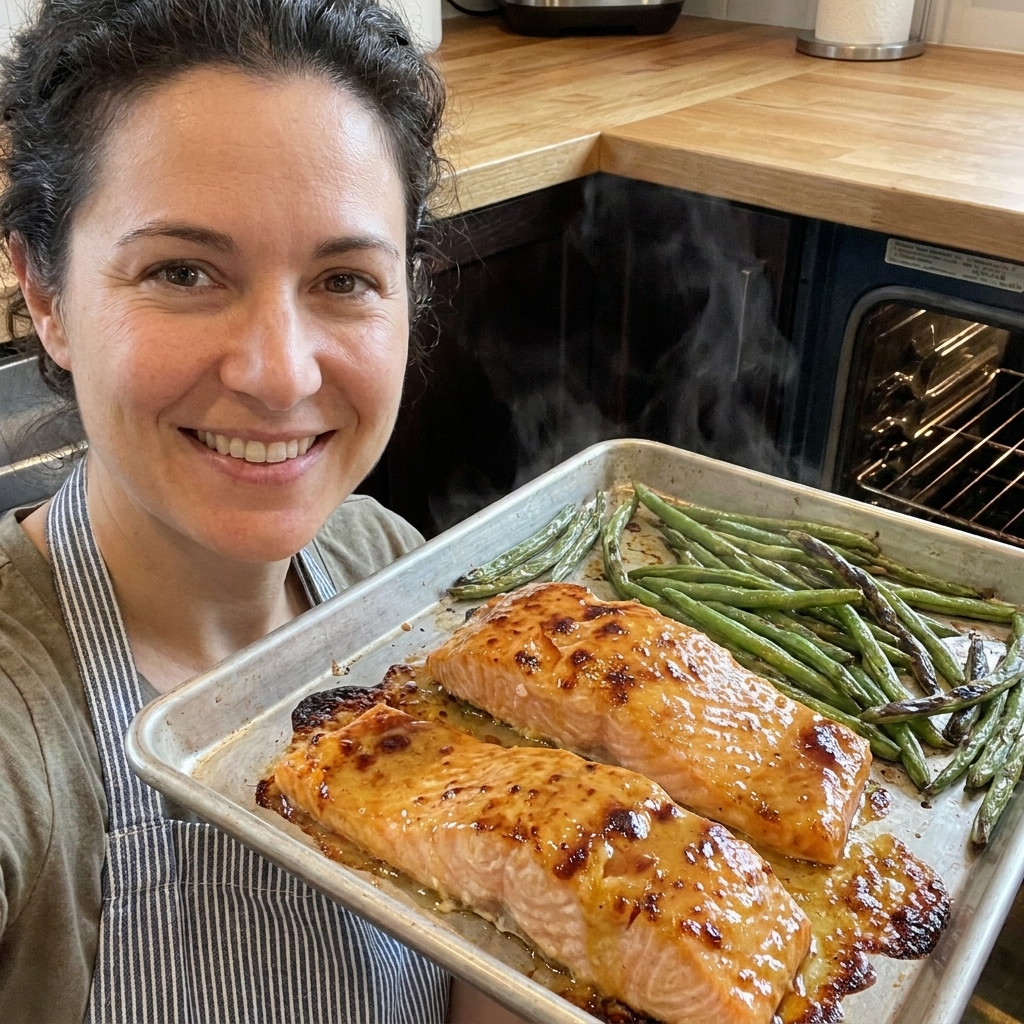 A sheet pan holding glazed honey mustard salmon beside roasted green beans, with caramelized spots on the fish and beans