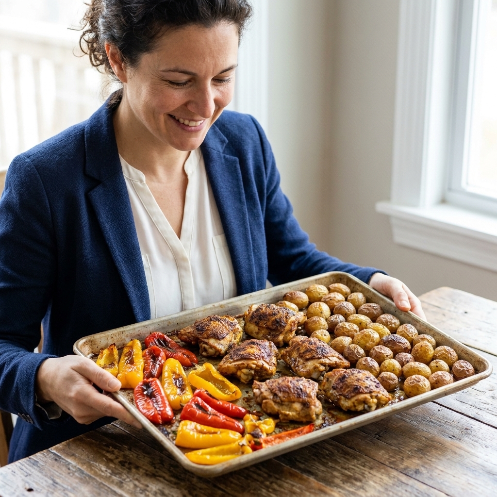 A sheet pan holding roasted shawarma chicken thighs with blistered bell peppers and browned baby potatoes