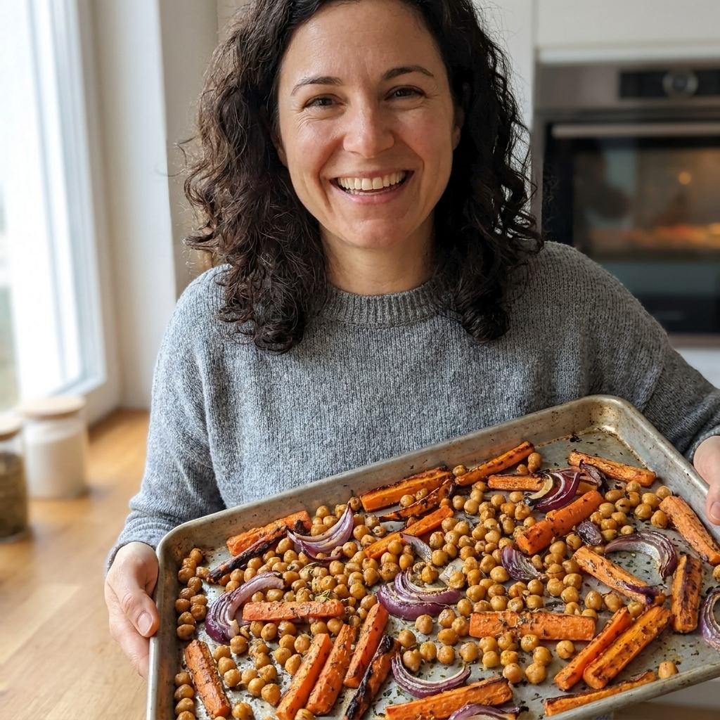 A sheet pan of roasted chickpeas with browned carrots and sliced onions, lightly charred at the edges and ready to serve