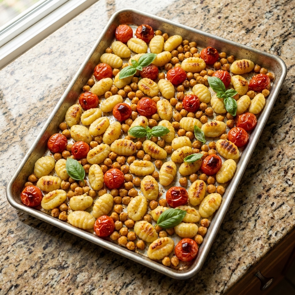 A sheet pan of roasted gnocchi with blistered tomatoes and chickpeas, browned at the edges, resting on a kitchen counter