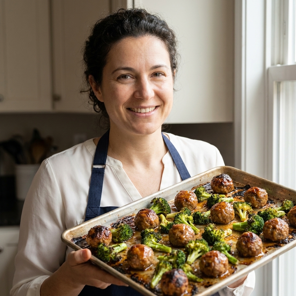 A sheet pan of roasted meatballs and broccoli coated in a glossy honey garlic sauce, lightly charred at the edges