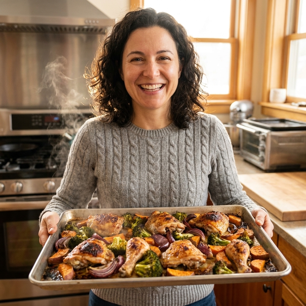 A sheet pan with chicken pieces and chopped vegetables spread in a single layer, edges browned and caramelized in a home oven