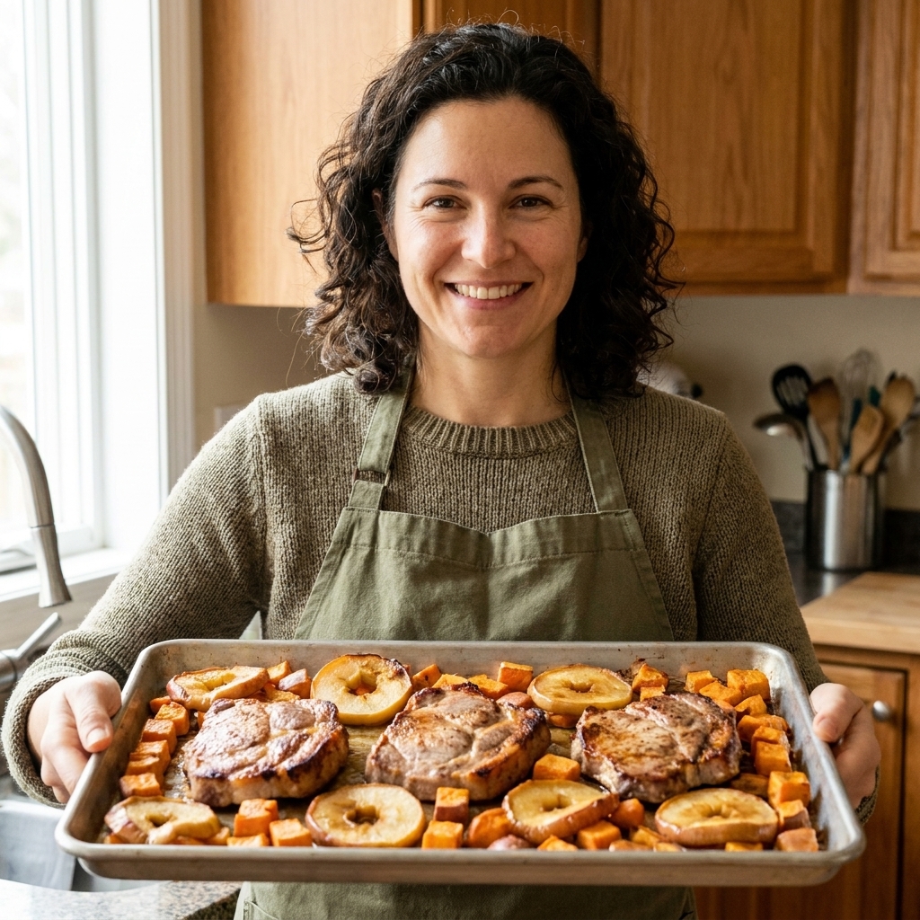 A sheet pan with roasted pork shoulder steaks surrounded by caramelized apple slices and roasted sweet potatoes