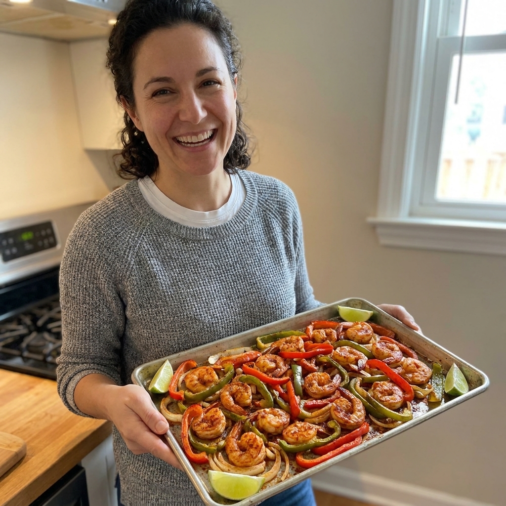 A sheet pan with roasted shrimp, sliced peppers, and onions coated in fajita spices with lime wedges on the side