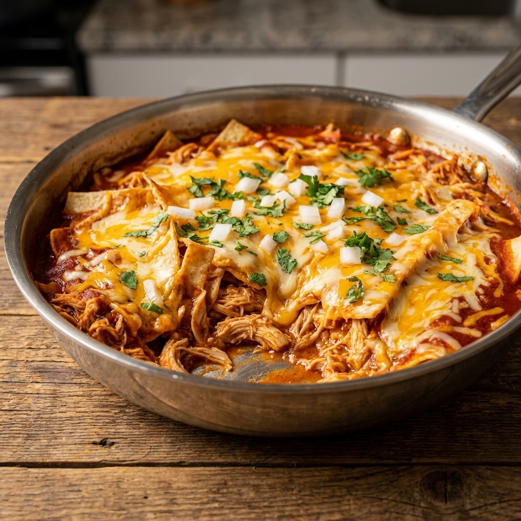 A simple enchilada skillet made with canned chicken, red enchilada sauce, tortilla strips, and melted cheese in a stainless steel skillet