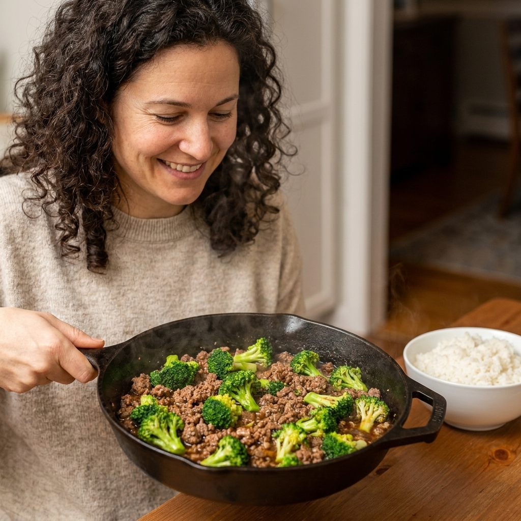 A skillet filled with browned ground beef and bright green broccoli in a glossy soy-garlic sauce, with steamed rice in the background