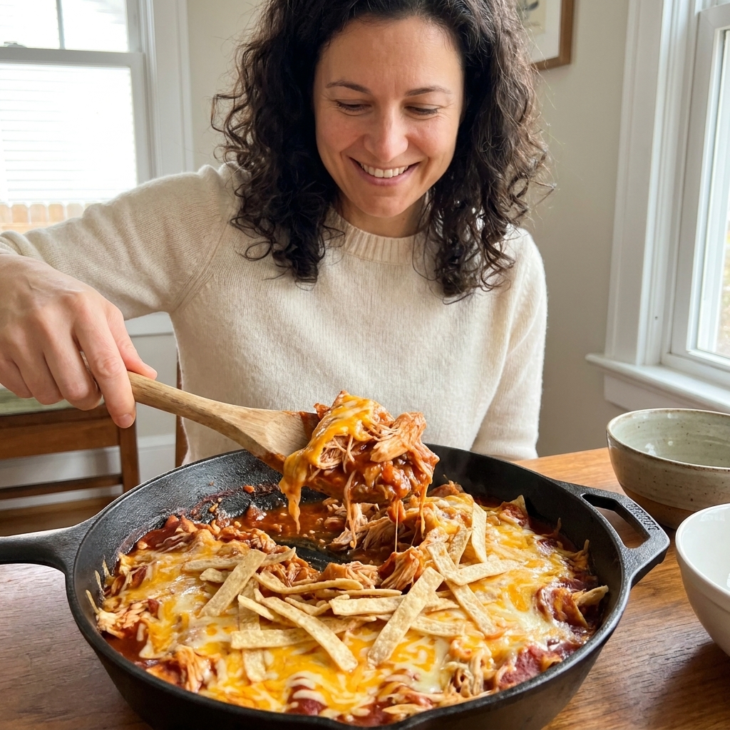 A skillet filled with red enchilada sauce, shredded rotisserie chicken, tortilla strips, and melted cheddar-jack cheese, with a wooden spoon scooping a serving