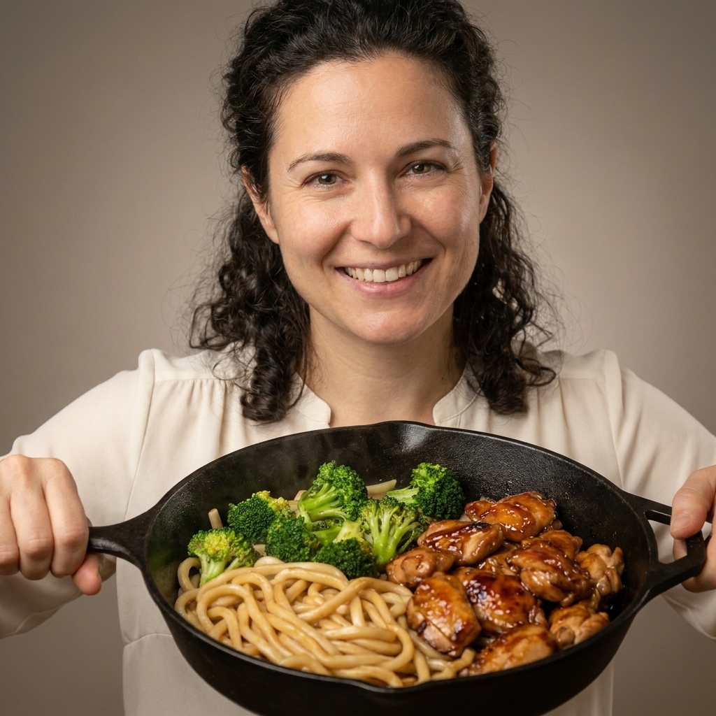 A skillet filled with thick udon noodles, bright green broccoli florets, and teriyaki-glazed chicken pieces