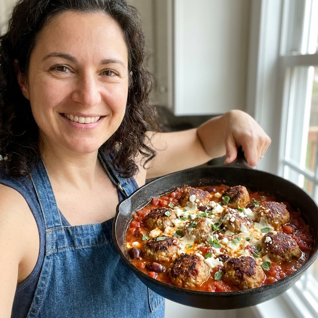 A skillet of browned turkey meatballs simmering in a chunky tomato and olive sauce with feta melting on top