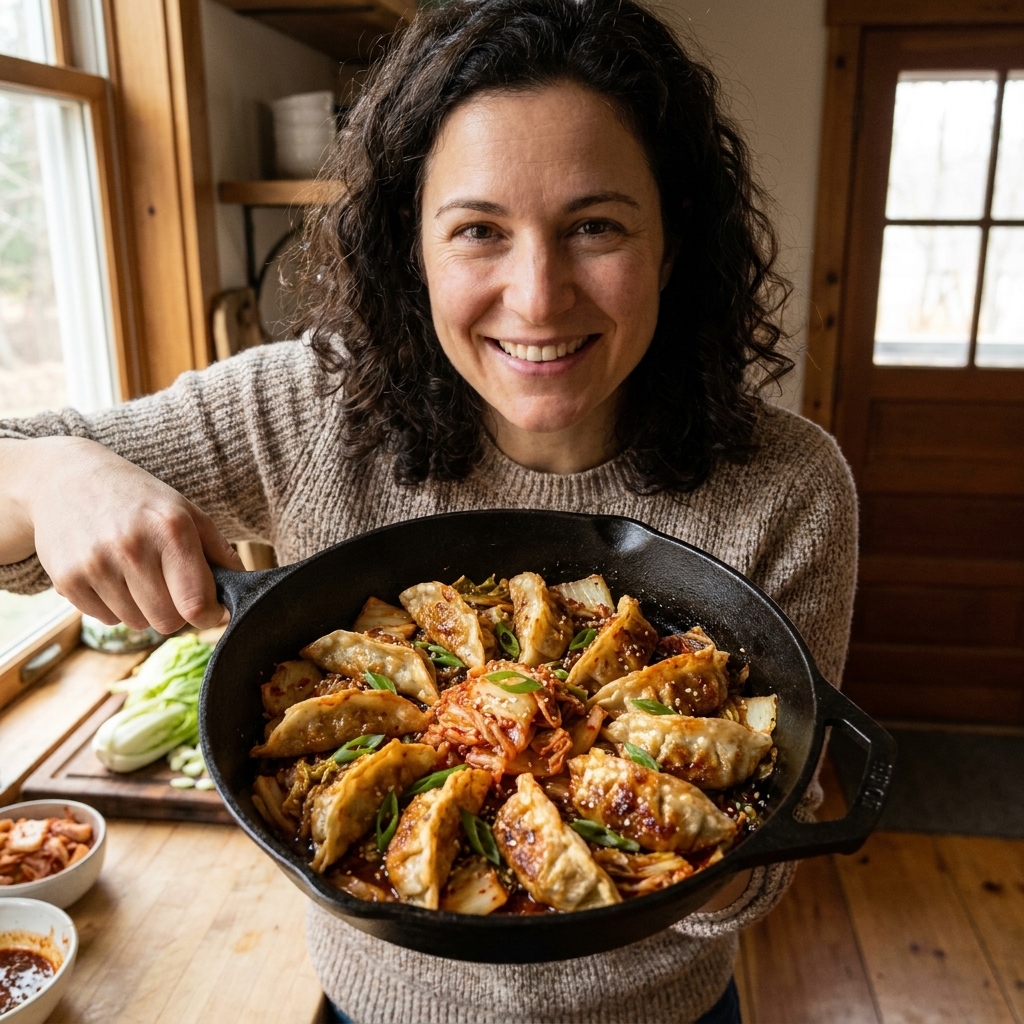 A skillet of crispy potstickers tossed with wilted cabbage and kimchi in a red spicy glaze
