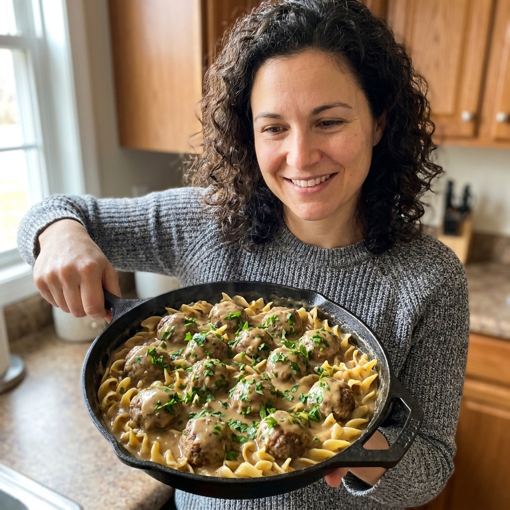 A skillet of meatballs and egg noodles coated in creamy brown gravy with parsley scattered over the top