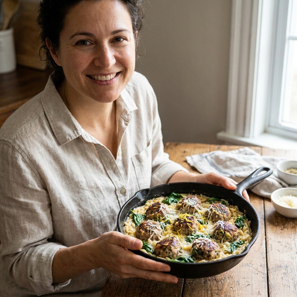 A skillet of meatballs nestled in creamy lemony orzo with wilted spinach and grated Parmesan