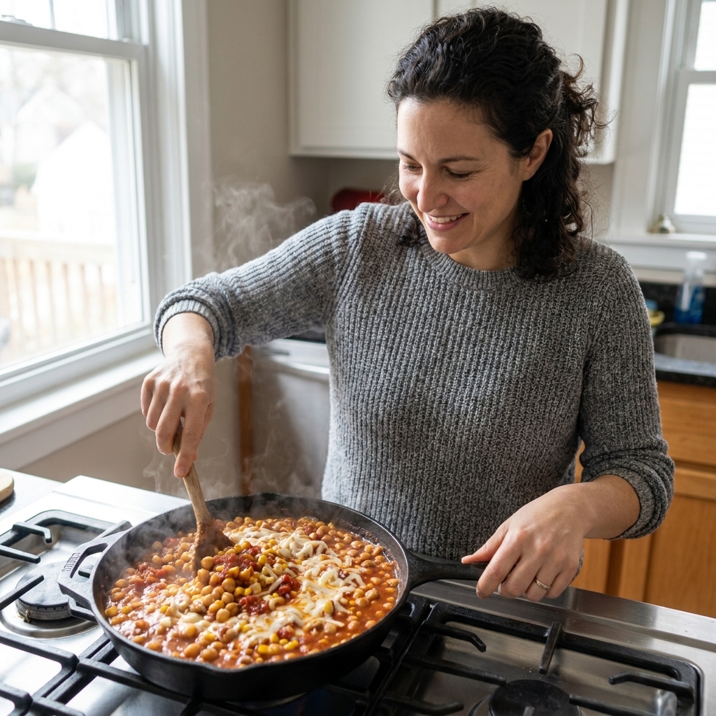 A skillet of saucy chickpeas and corn in a red salsa base, bubbling on the stovetop with melted cheese scattered across the top