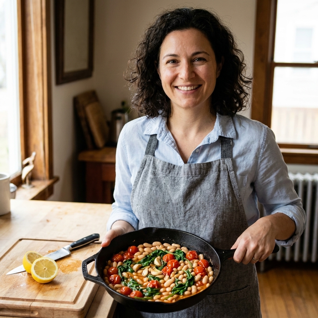 A skillet of white beans simmered with burst cherry tomatoes and garlic, finished with wilted greens and a lemon half on a cutting board nearby