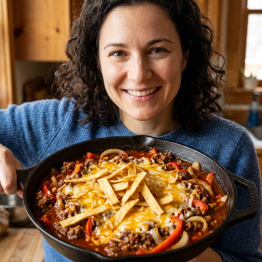 A skillet with browned ground beef, red enchilada sauce, tortilla strips, melted cheese, and visible sautéed peppers and onions