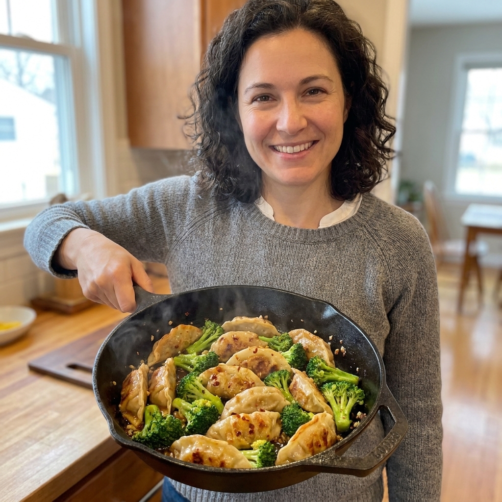 A skillet with potstickers and bright green broccoli florets coated in a shiny soy-butter garlic sauce