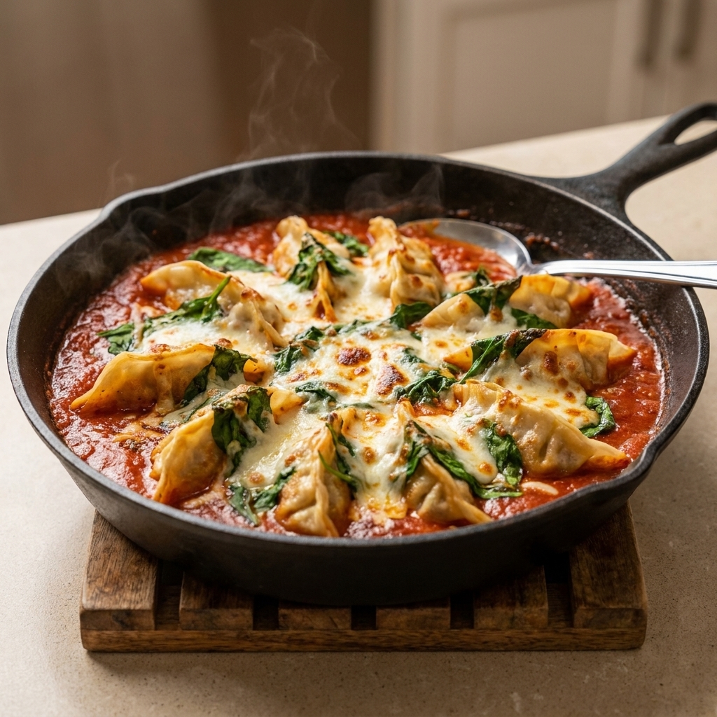A skillet with potstickers simmering in marinara sauce with wilted spinach and melted mozzarella on top