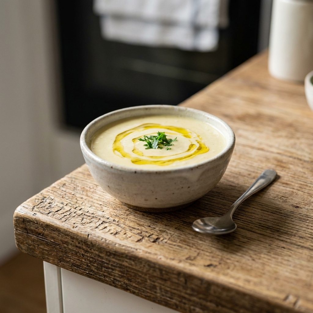 A small ceramic bowl of creamy tahini lemon sauce with a spoon resting beside it on a kitchen counter