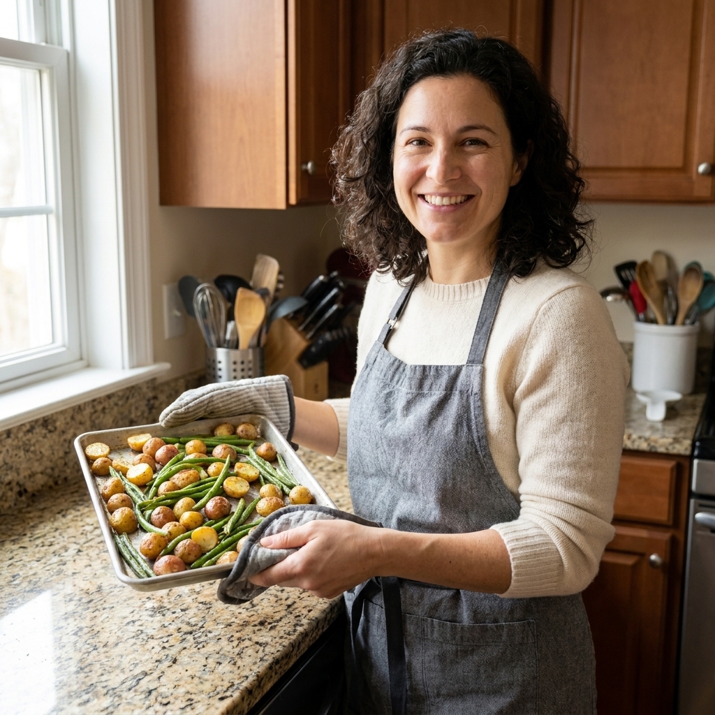 A small rimmed quarter sheet pan holding a single layer of roasted baby potatoes and green beans on a kitchen counter