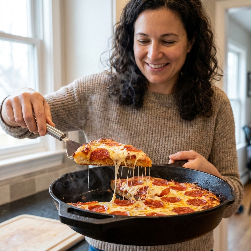 A spatula lifting a gooey slice of pepperoni skillet pizza from a cast iron pan, showing a crisp browned bottom and stretchy melted cheese