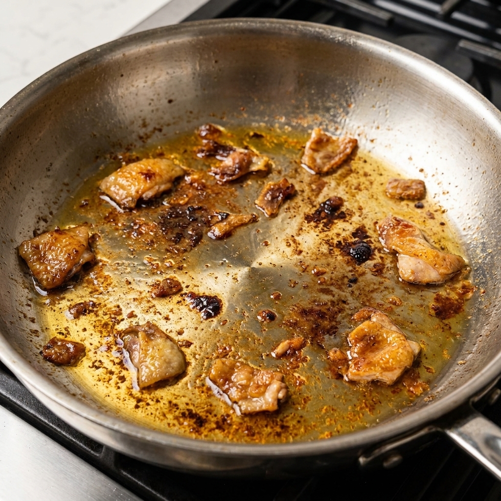 A stainless steel skillet after searing chicken, showing golden-brown fond across the bottom before any liquid is added