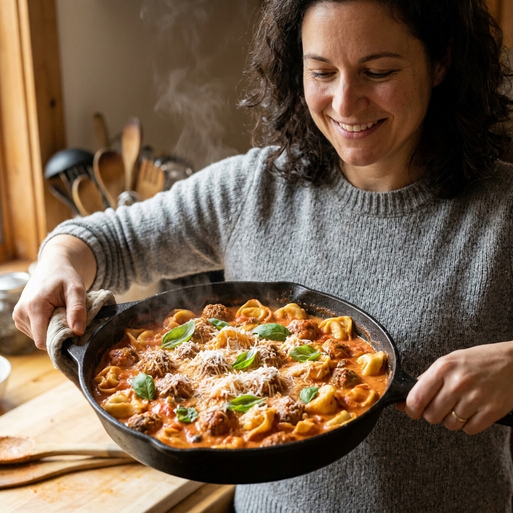 A wide skillet of cheese tortellini and meatballs in a creamy tomato sauce, topped with basil and grated Parmesan
