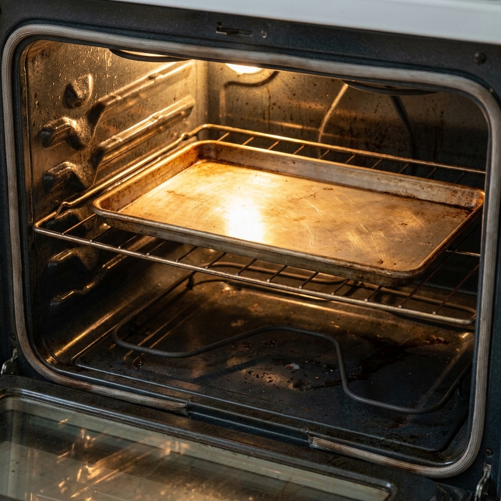 An empty rimmed baking sheet heating on the middle oven rack with the oven light on