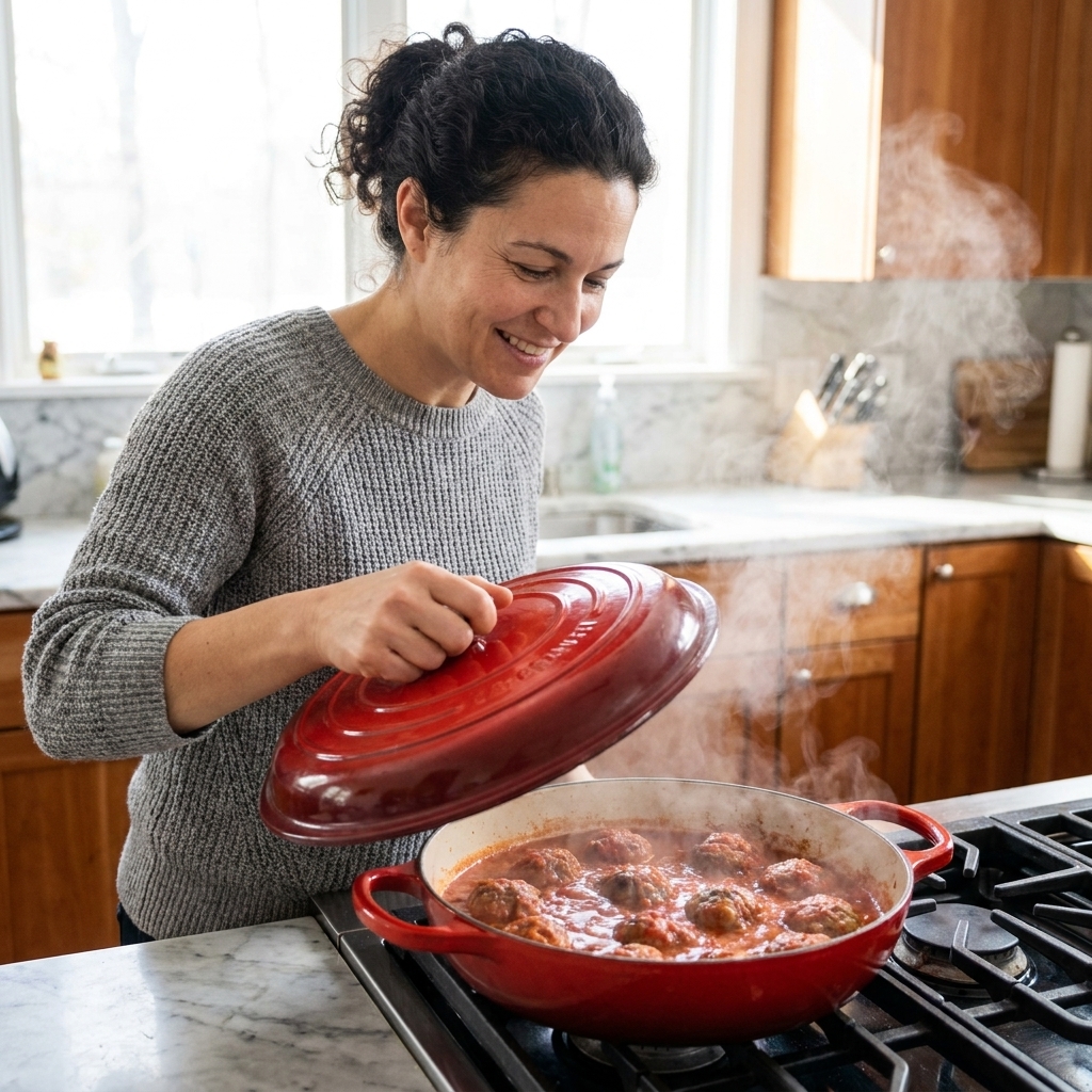 An enameled cast iron braiser with a lid being set onto the pan, with steam rising from a tomato sauce and meatballs inside on a kitchen stove