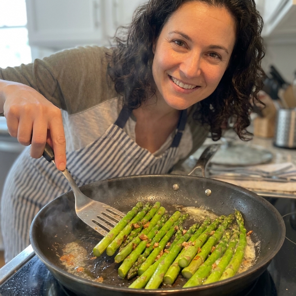 Asparagus spears sautéing in a skillet with browned bits and a light sheen of butter, ready to serve