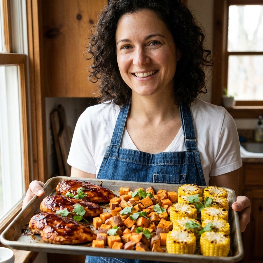 Barbecue glazed chicken breast on a sheet pan with roasted sweet potato cubes and charred corn rounds