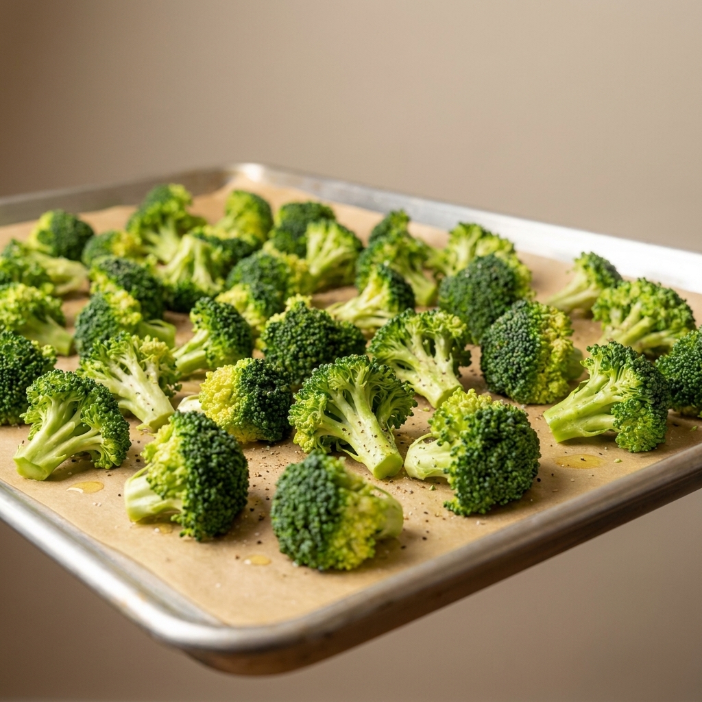 Broccoli florets spread in a single layer on a parchment-lined sheet pan ready to roast