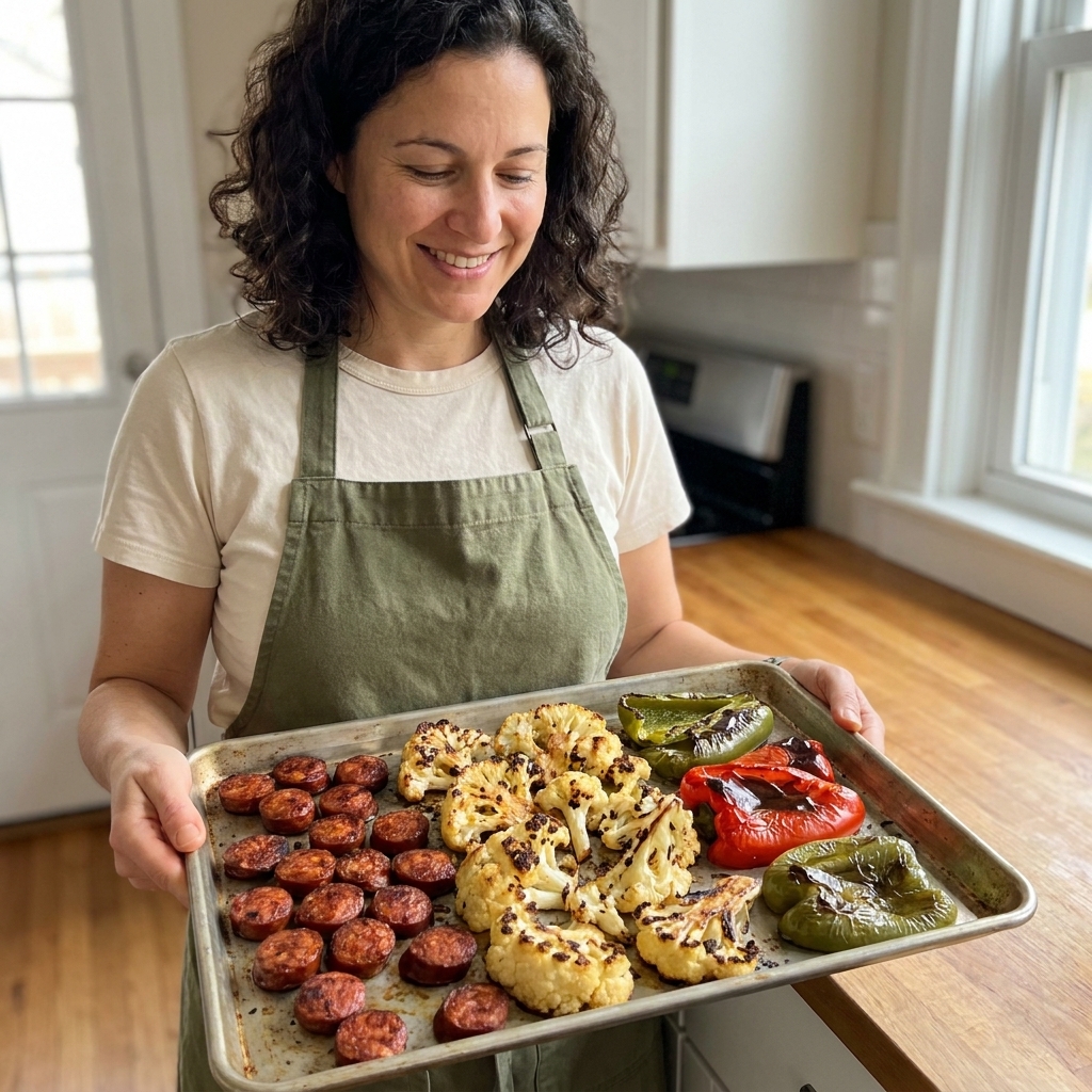 Browned smoked chorizo slices roasted with cauliflower florets and bell peppers on a baking sheet, with lightly charred edges