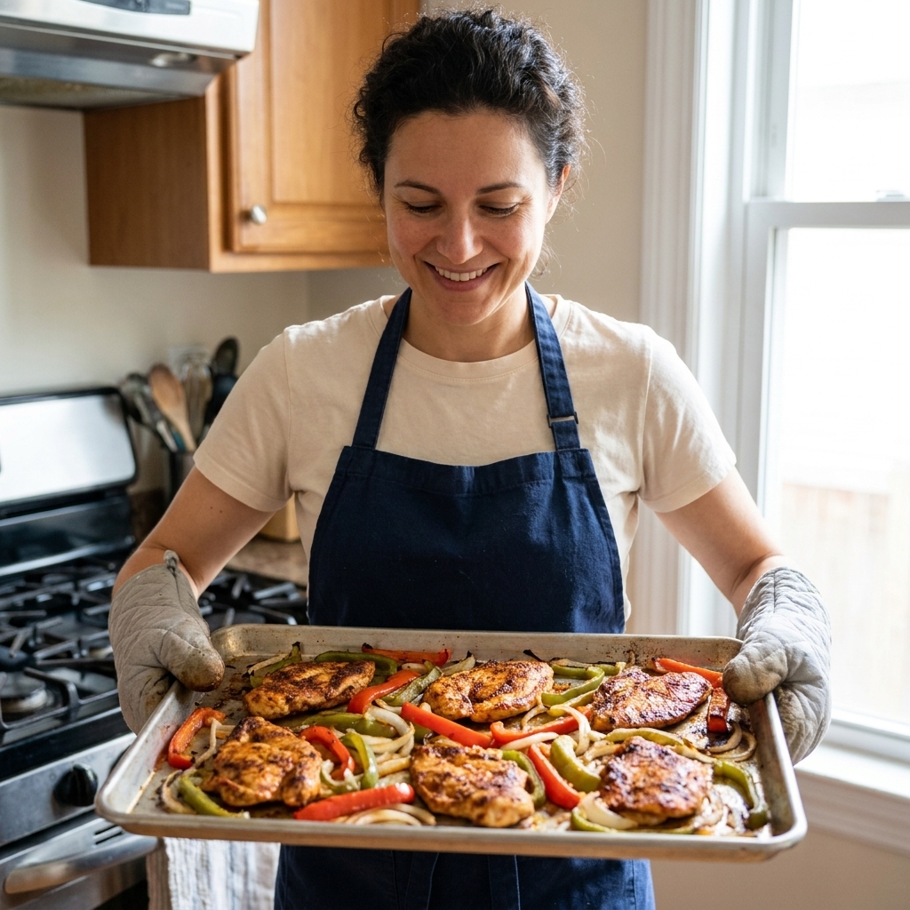 Cajun-spiced roasted chicken cutlets with sliced bell peppers and onions on a sheet pan, lightly charred at the edges