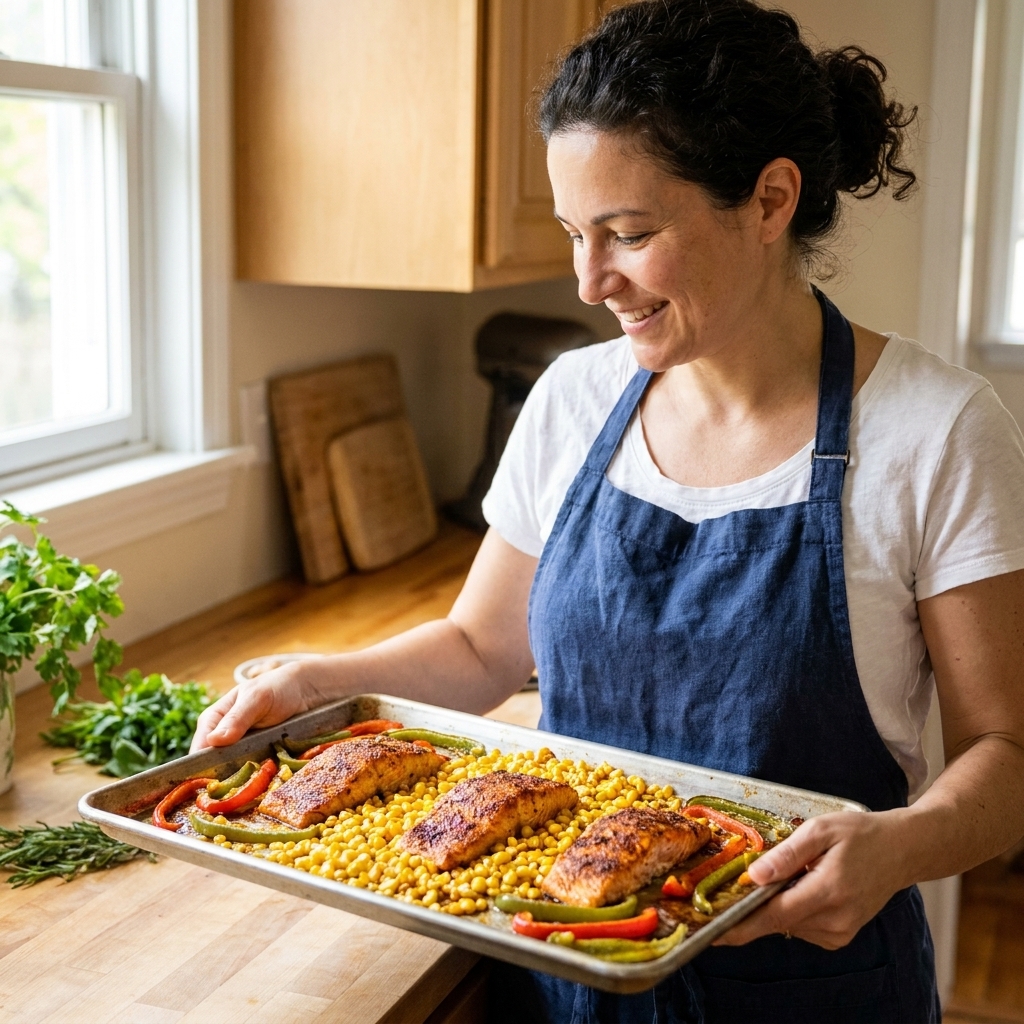 Cajun-spiced salmon fillets roasting on a sheet pan with golden roasted corn and sliced peppers