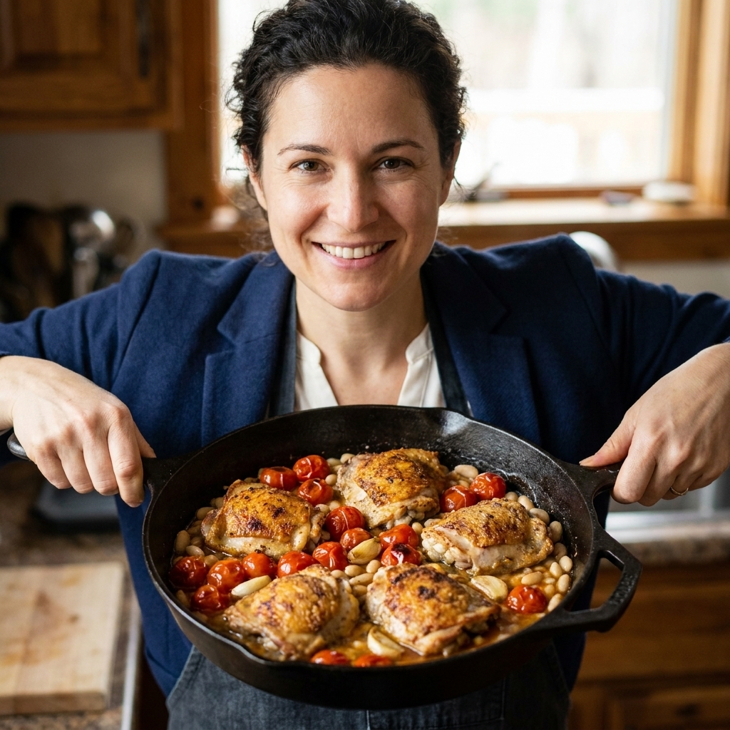 Cast iron skillet with crispy chicken thighs surrounded by blistered cherry tomatoes, white beans, and garlic in glossy pan juices