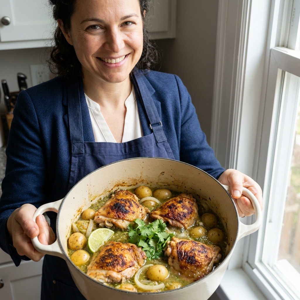 Chicken thighs braised in green salsa with baby potatoes and onions inside a Dutch oven, with crispy browned skin visible on top