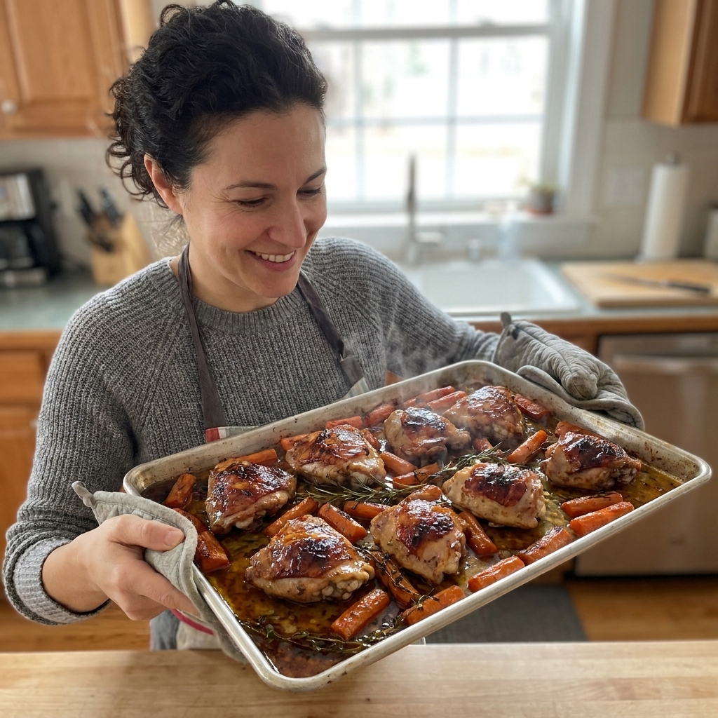 Chicken thighs roasting on a sheet pan with carrots spread around them, browned and glossy from pan juices