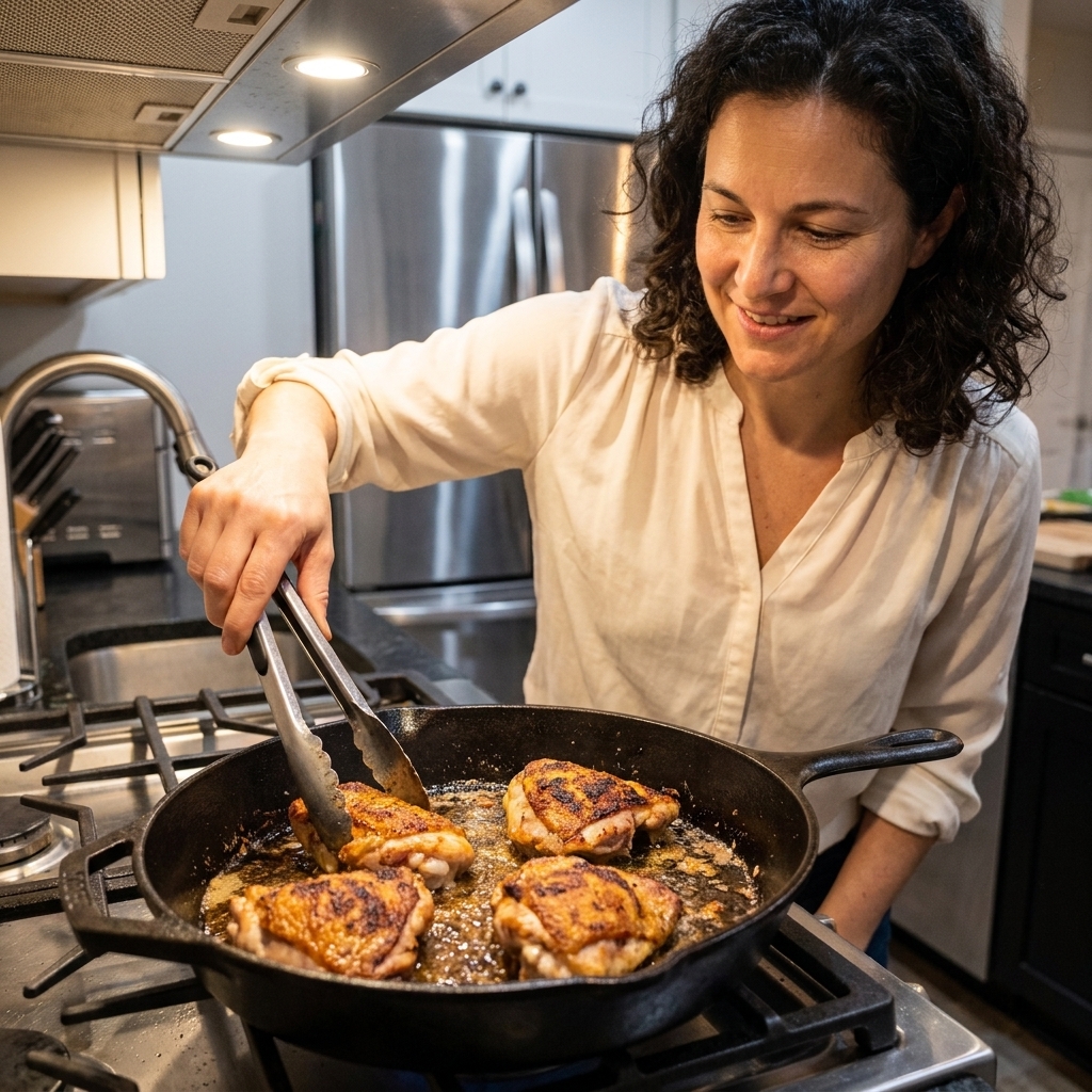Chicken thighs searing in a cast-iron skillet with a golden-brown crust forming as oil shimmers under bright kitchen lighting