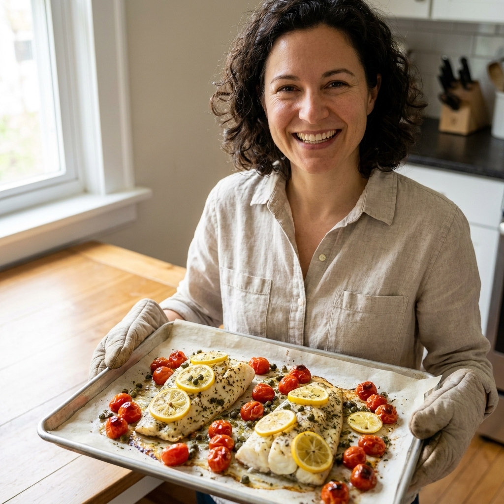 Cod fillets roasted with lemon slices, capers, and blistered cherry tomatoes on a parchment-lined sheet pan