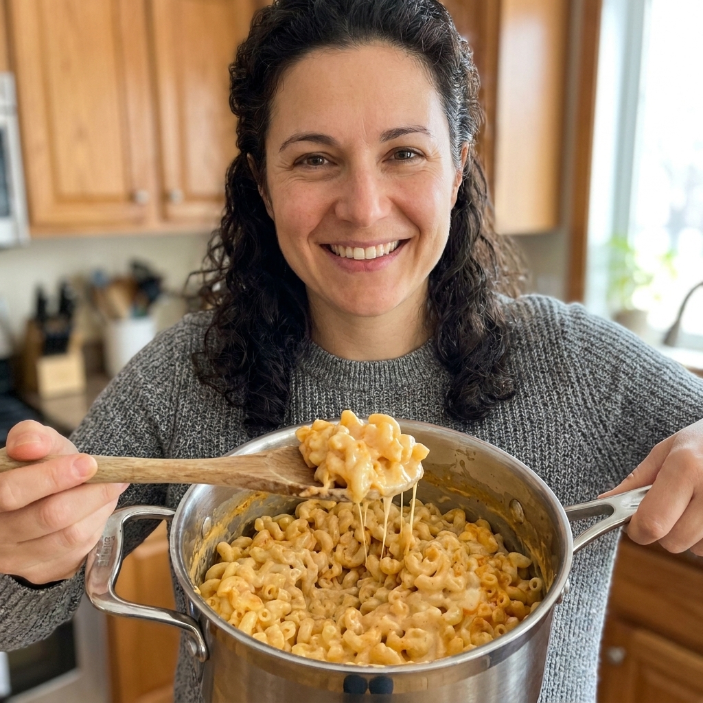 Creamy one-pot mac and cheese in a pot with a spoon, lightly tinted from mild taco seasoning