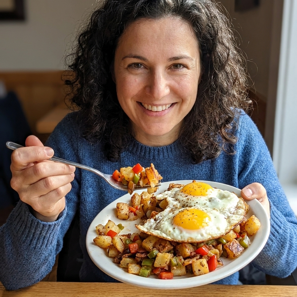 Crispy potato hash topped with two sunny-side eggs, with browned edges and visible diced peppers