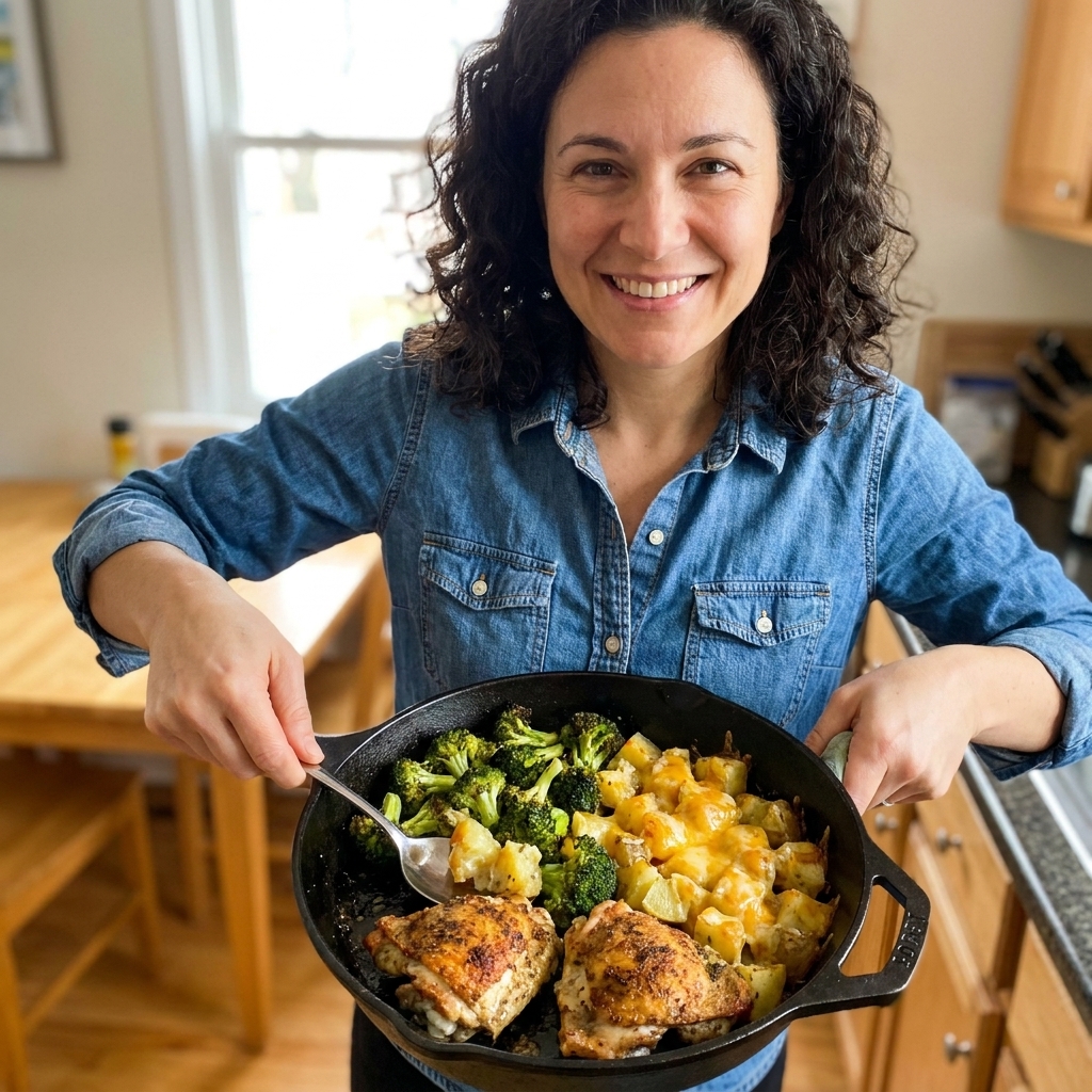 Crispy ranch-spiced chicken thighs in a cast iron skillet with roasted broccoli florets and golden cheesy potato chunks